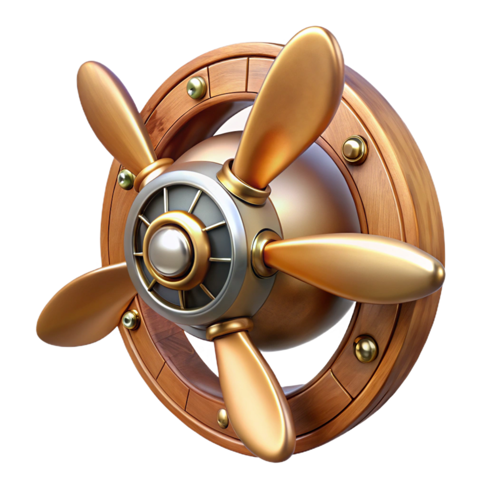 exquisite romantic gothic Steampunk airship propeller made of polished wood and copper. NO BACKGROUND with Transparent Background. studio quality png