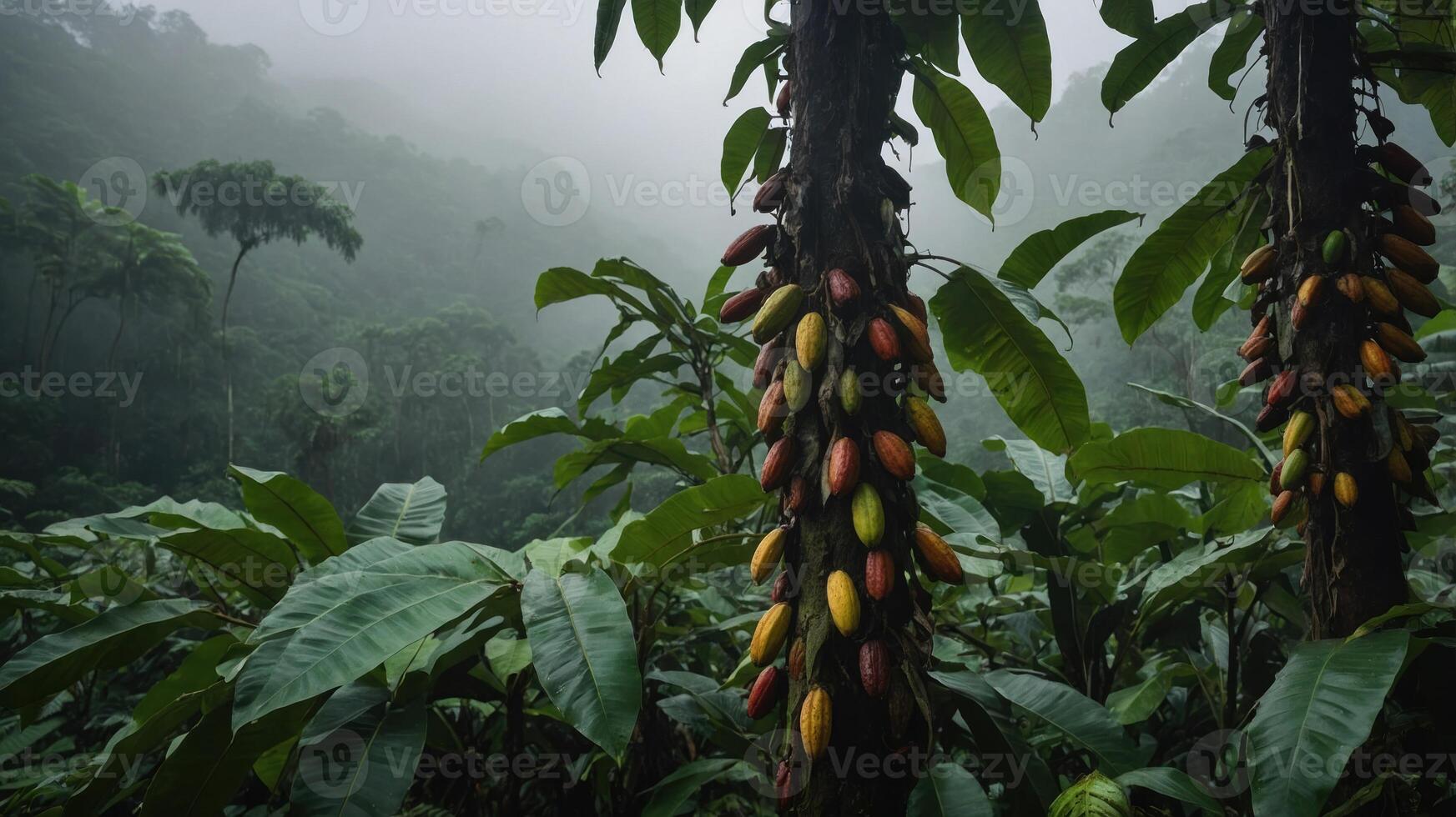 Lush cacao trees with colorful pods in a misty rainforest. photo