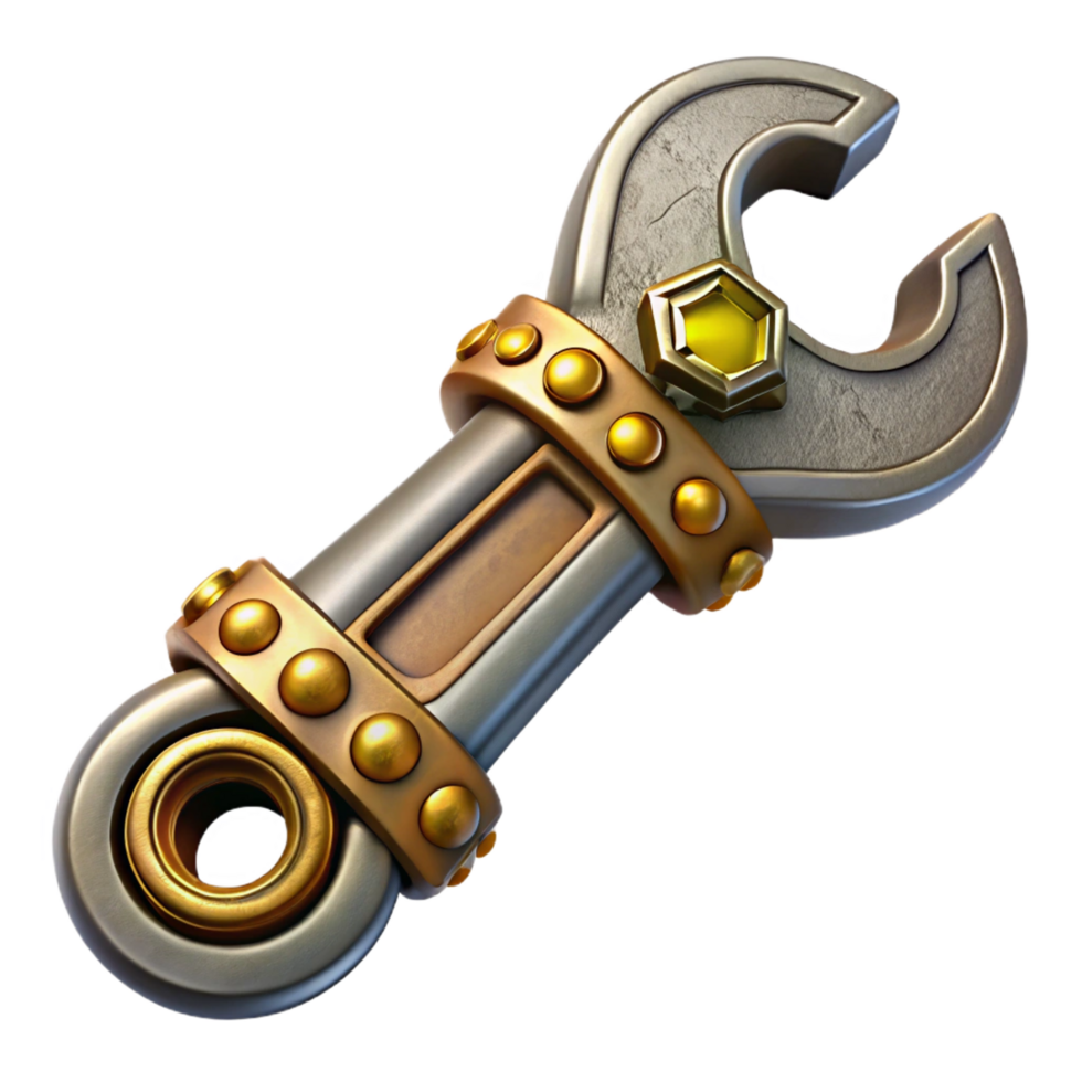 hypnotic harmonious minimalist Steampunk wrench with ornate carvings and brass fittings. NO BACKGROUND with Transparent Background. perfect clarity png