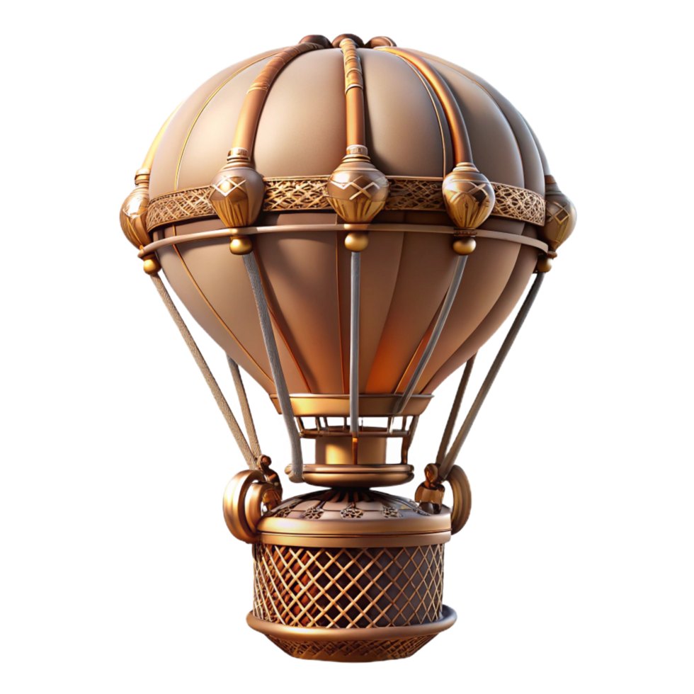 ethereal stunning Steampunk hot air balloon miniature with intricate basket weaving and brass burners. NO BACKGROUND with Transparent Background. detailed png