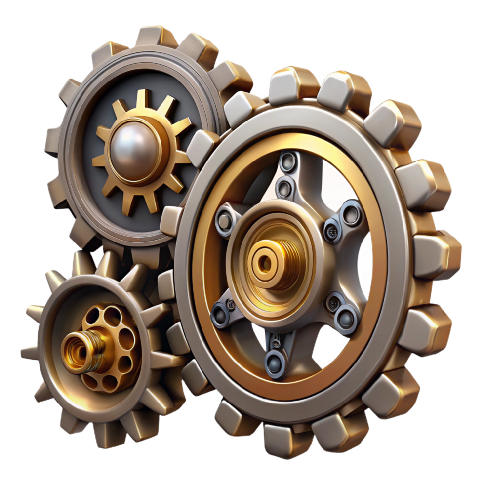 energetic hypnotic Steampunk gear set with various sizes and intricate tooth patterns. NO BACKGROUND with Transparent Background. detailed png