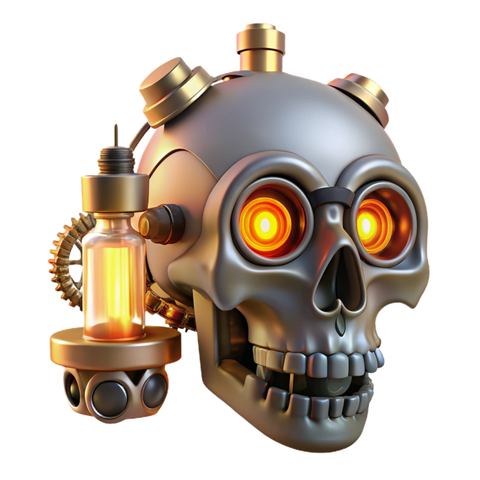 iconic artistic Steampunk skull with exposed gears and glowing vacuum tubes. NO BACKGROUND with Transparent Background. ultra HD png