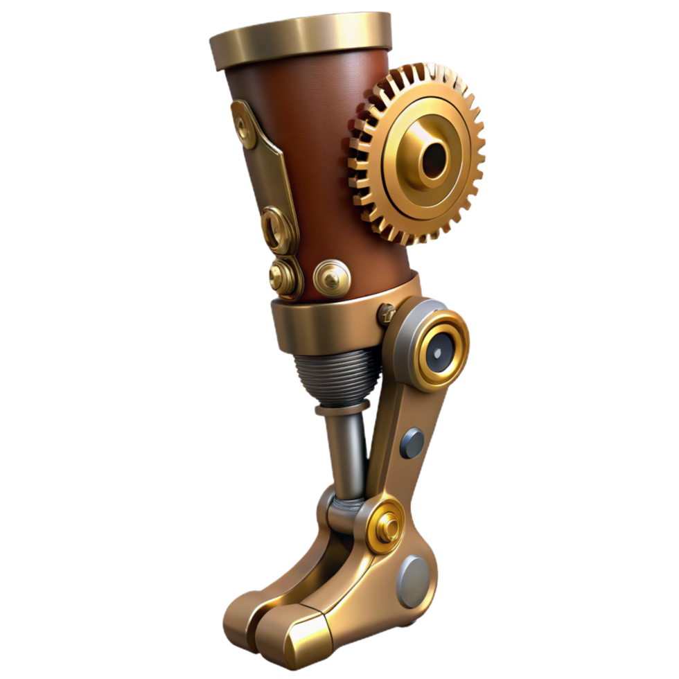 enchanting tropical Steampunk prosthetic leg with exposed gears and articulated joints. NO BACKGROUND with Transparent Background. professional png
