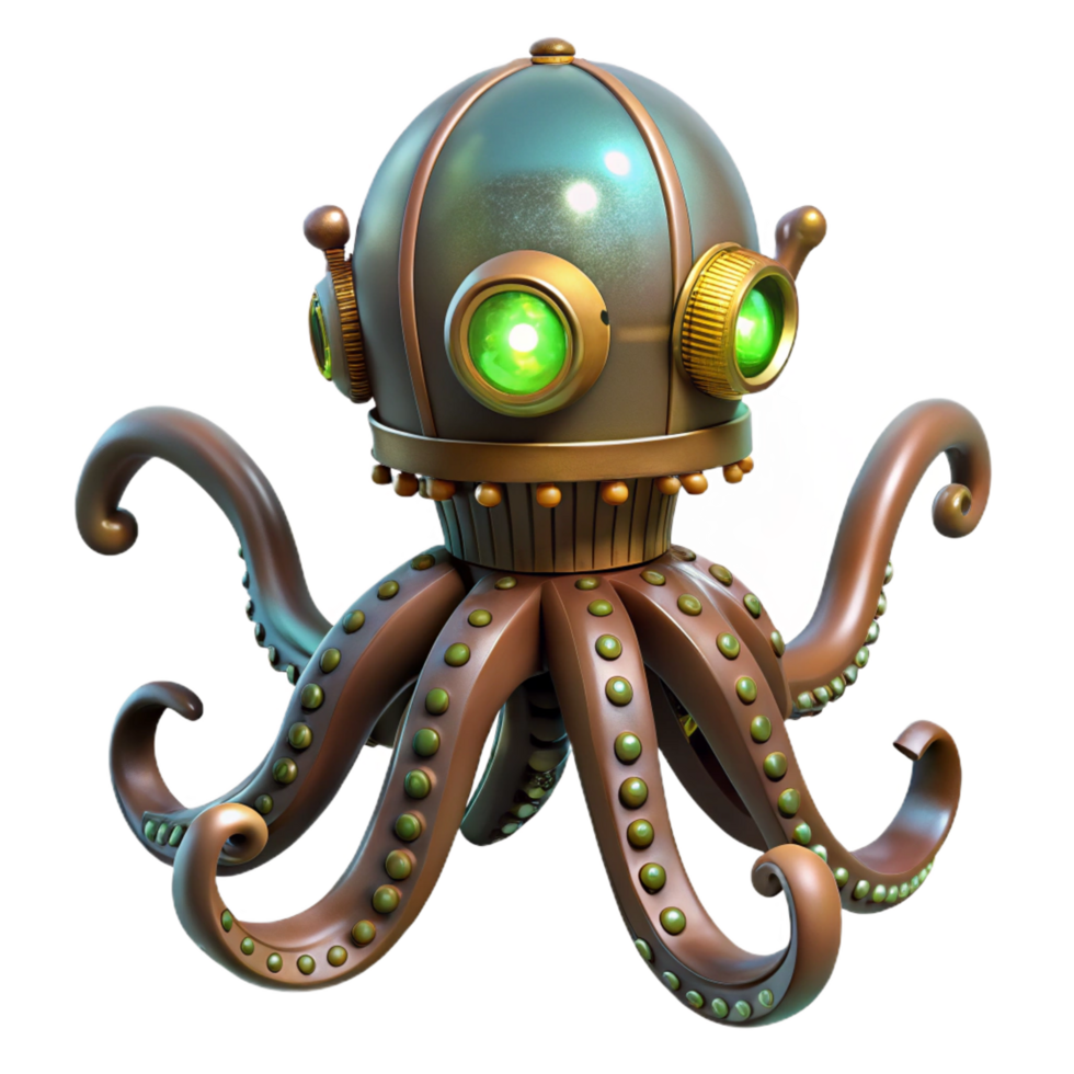 iconic nordic Steampunk octopus automaton with articulated tentacles and glowing glass eyes. NO BACKGROUND with Transparent Background. genuine png