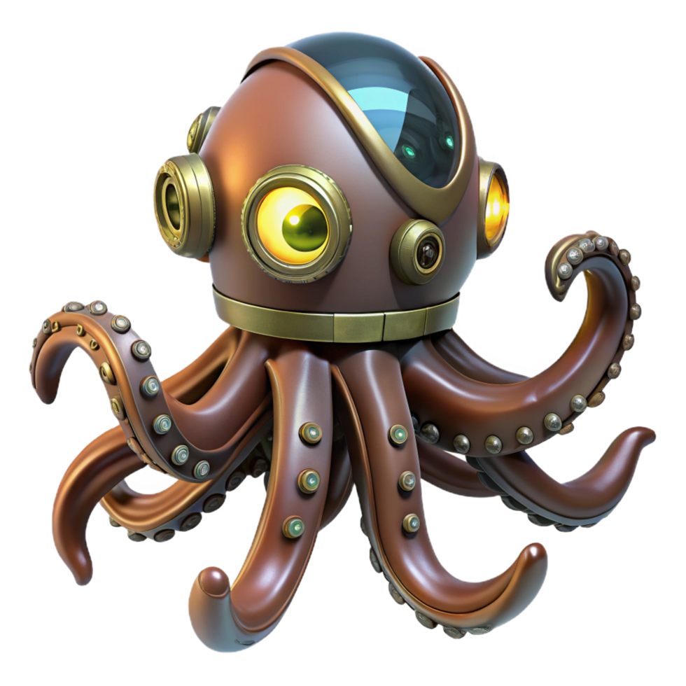 gorgeous reflective artistic Steampunk octopus automaton with articulated tentacles and glowing glass eyes. NO BACKGROUND with Transparent Background. exclusive png