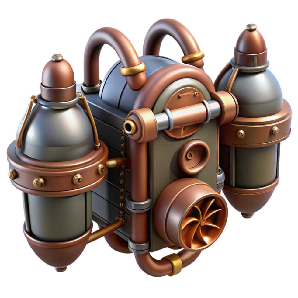 hypnotic gothic Steampunk jetpack with miniature turbines and copper piping. NO BACKGROUND with Transparent Background. professional png