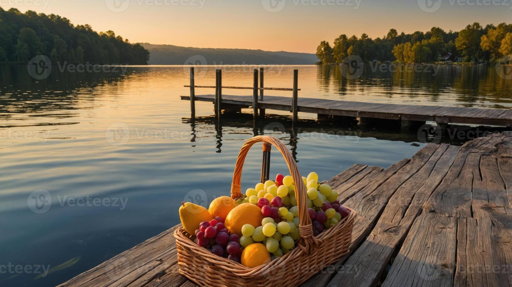 A basket of colorful fruits rests on a wooden dock by a serene lake at sunset. photo