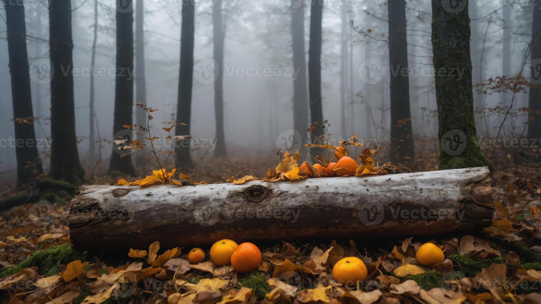 A foggy forest scene with a log and scattered oranges among fallen autumn leaves. photo