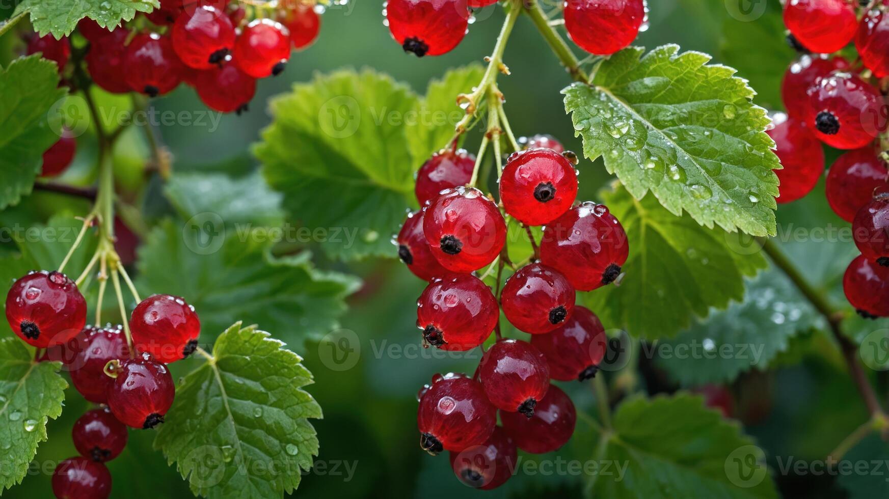 Close-up of red currants on a vine with green leaves and water droplets. photo