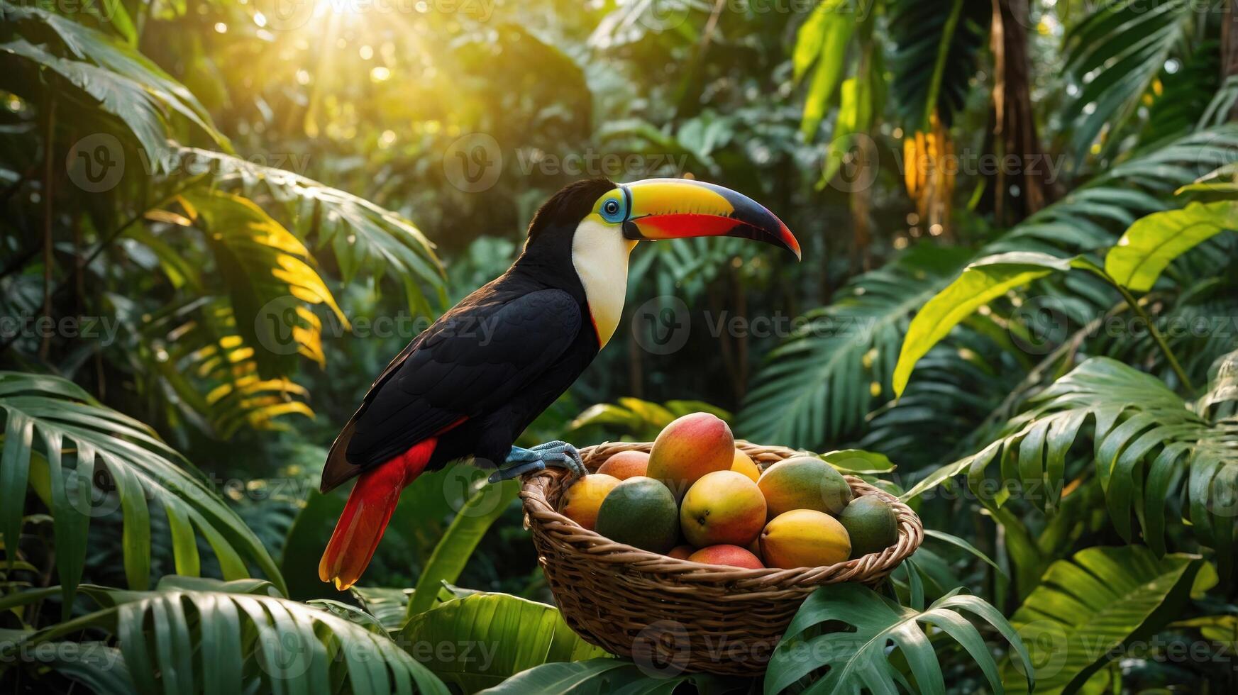 A toucan perched near a basket of mangoes in a lush green jungle setting. photo