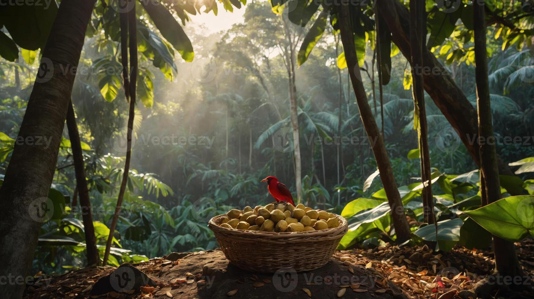 A vibrant bird perched near a basket of fruits in a lush, sunlit jungle setting. photo