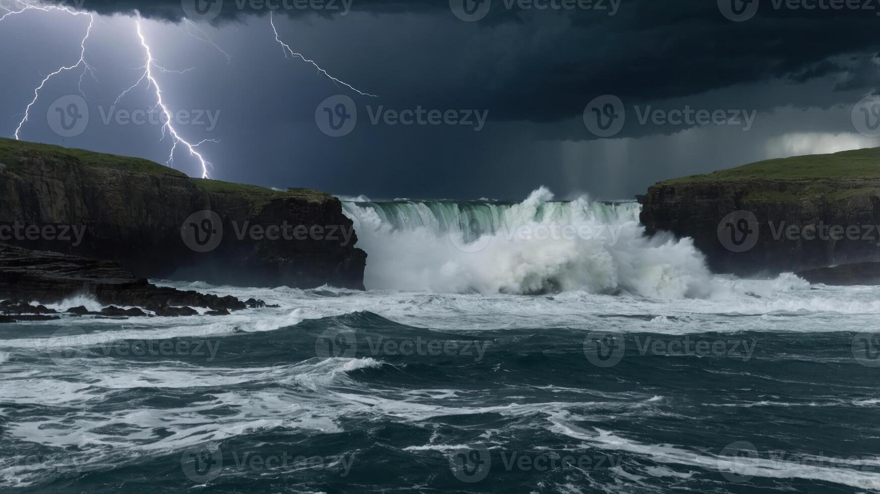 A dramatic seascape featuring a waterfall under a stormy sky with lightning. photo