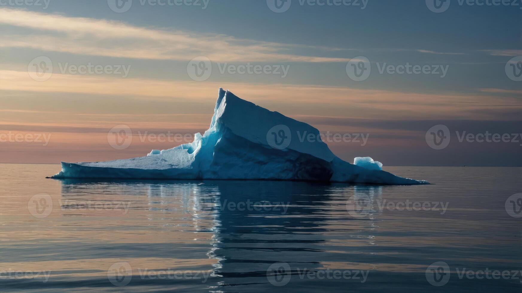 A majestic iceberg reflects in calm waters under a colorful sky at dusk. photo