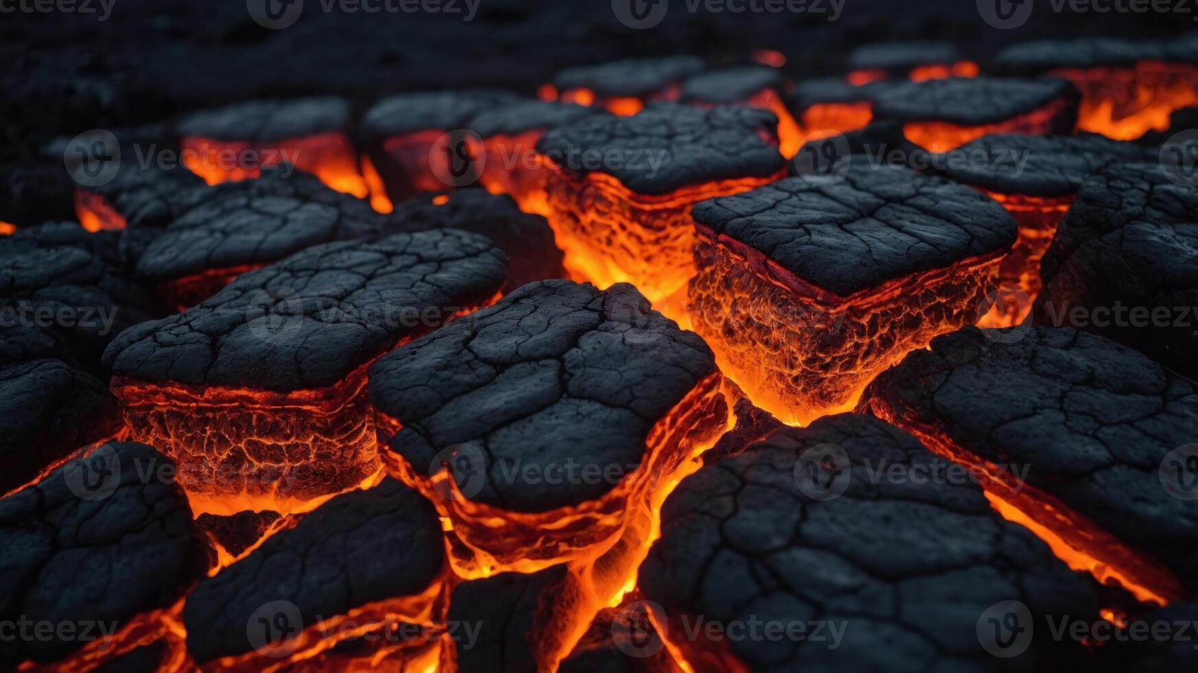 Close-up view of glowing lava rock formations with vibrant orange hues. photo