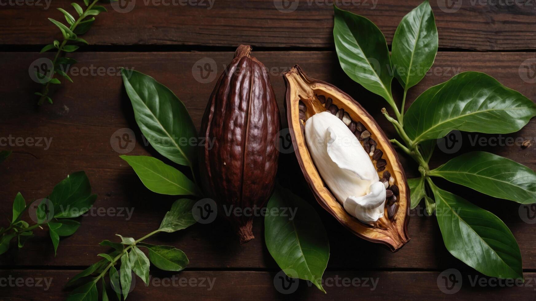 A cacao pod with open shell and white pulp, surrounded by green leaves on a wooden surface. photo
