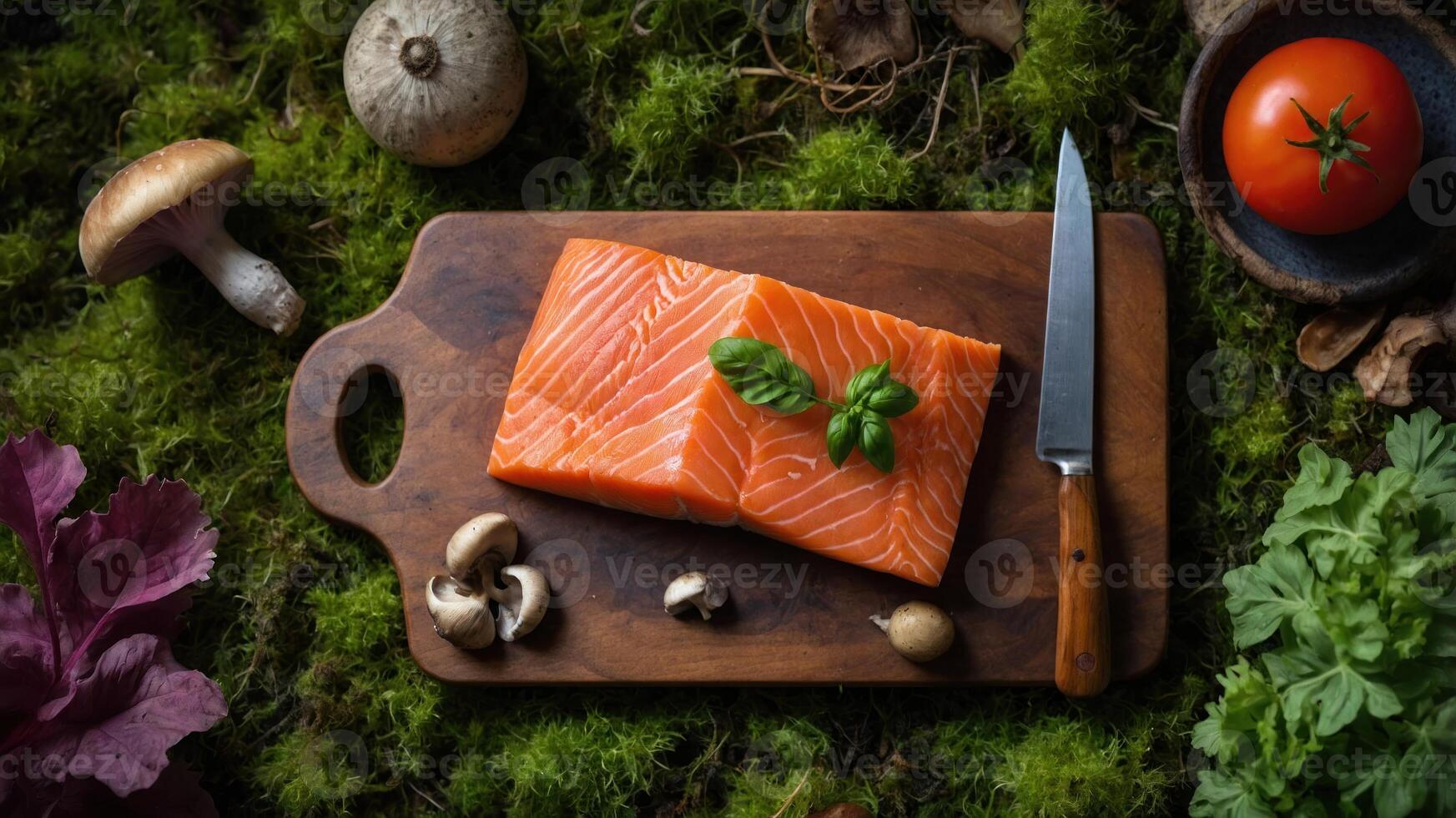 Fresh salmon fillets on a wooden board with herbs and vegetables, set in a natural environment. photo