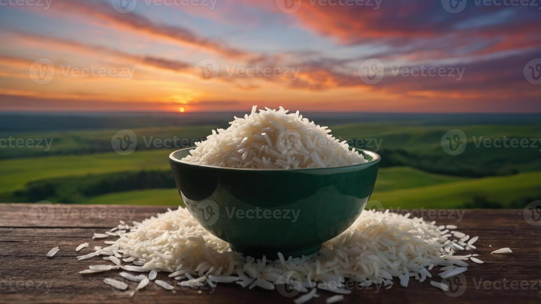 A bowl of rice sits on a wooden table with a scenic sunset in the background. photo
