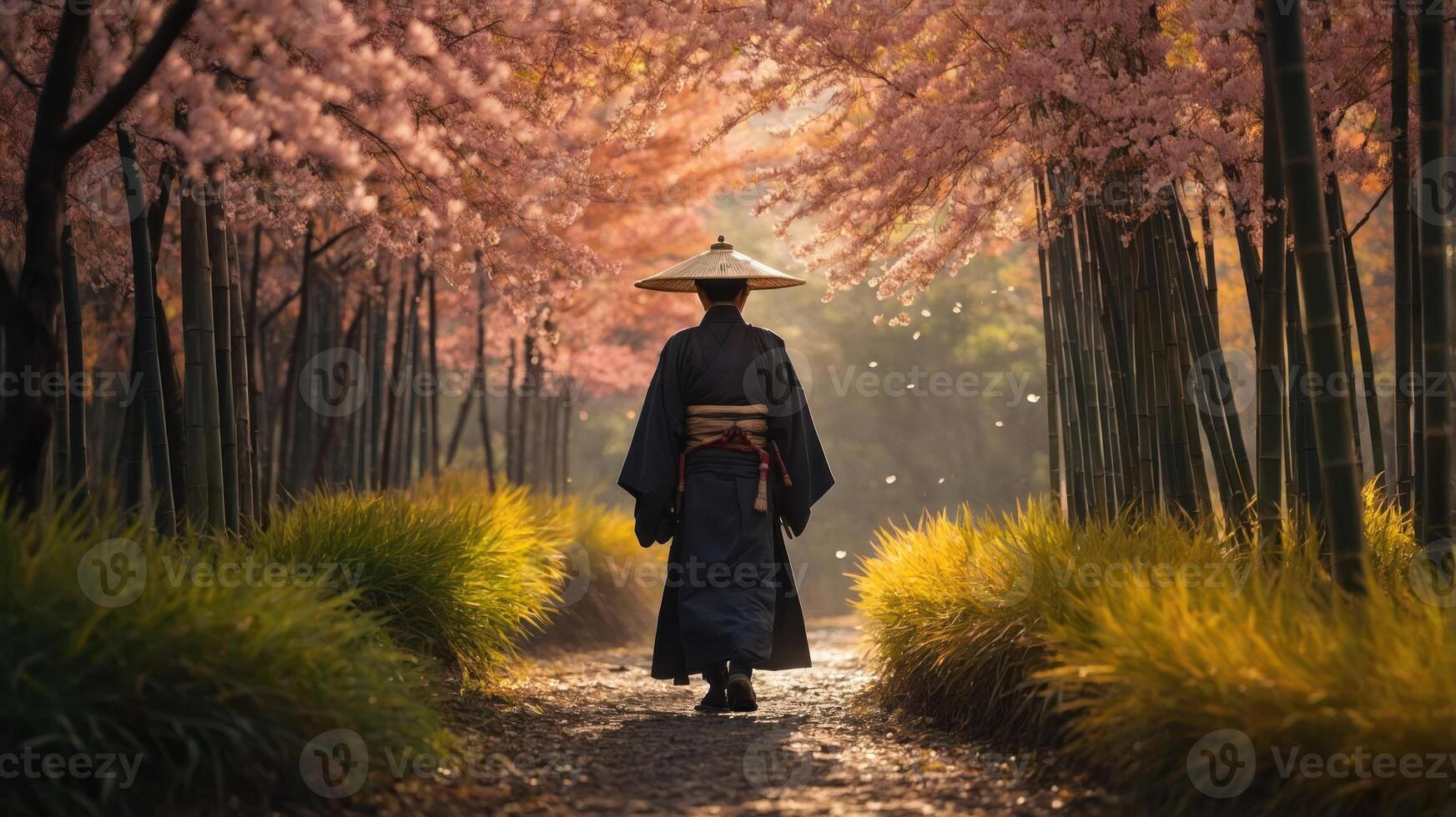 A figure in traditional attire walks through a serene cherry blossom path. photo