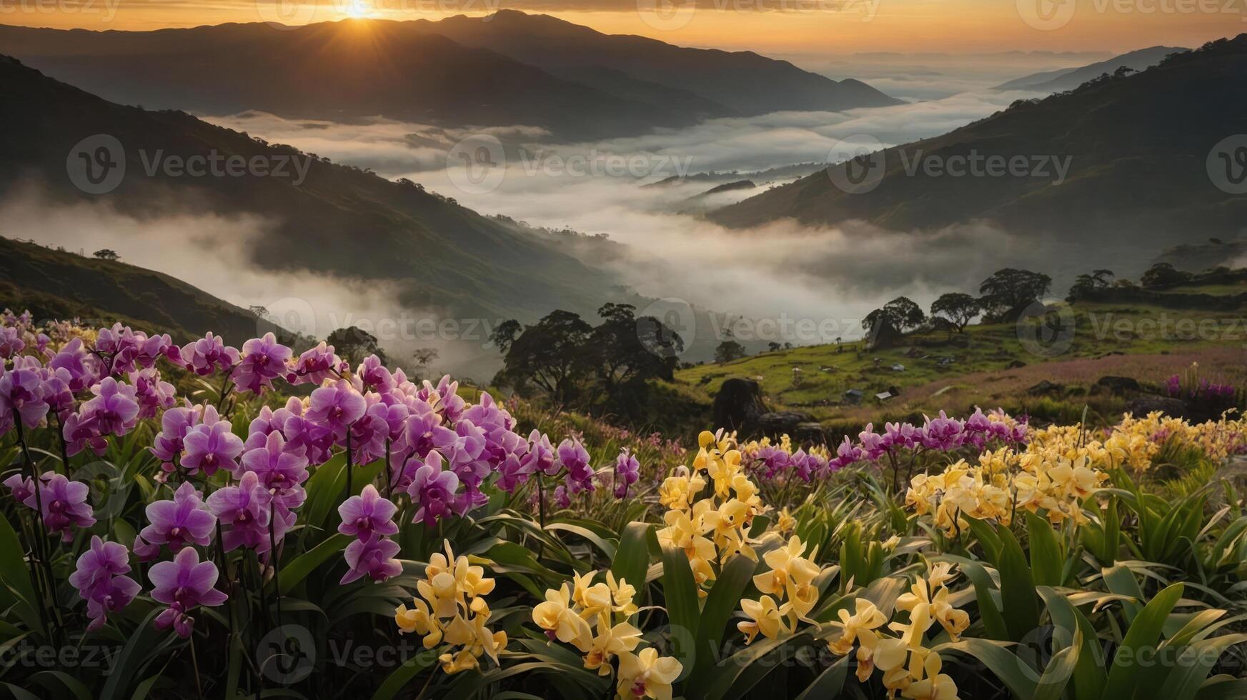 A scenic view of vibrant orchids blooming in a misty valley at sunrise. photo