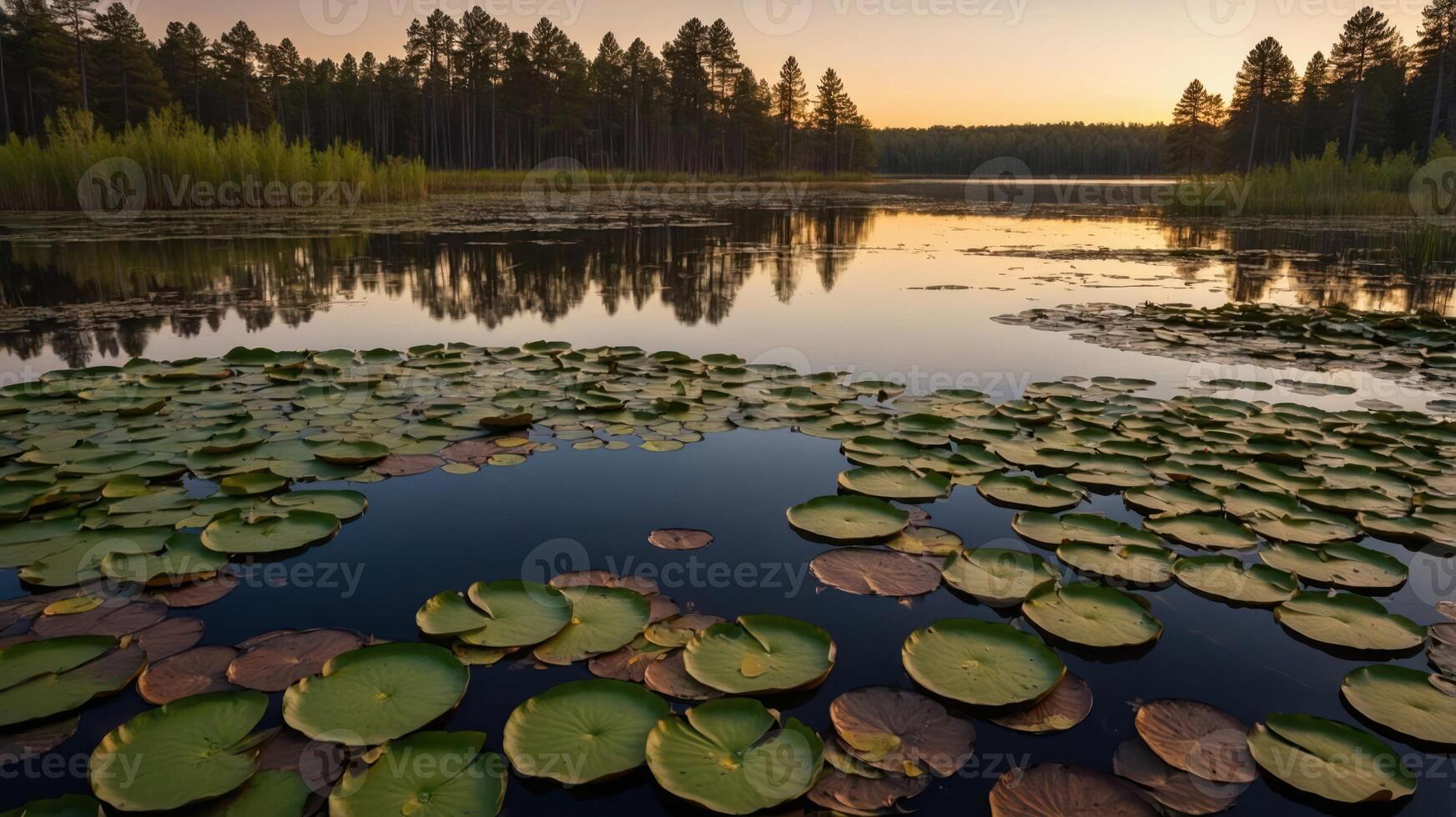 Serene lake scene with lily pads reflecting trees and sunset hues. photo