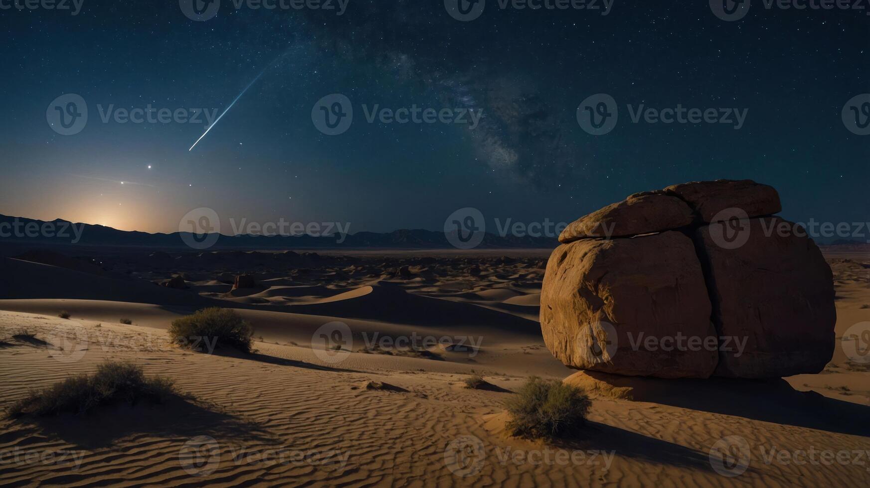A serene desert landscape at night with a comet, rock formation, and the Milky Way. photo