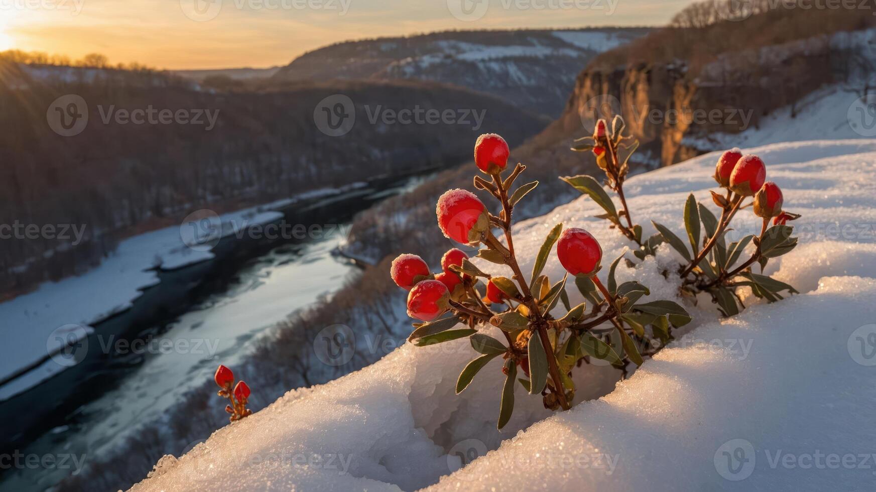 A serene winter landscape featuring red berries amidst snow, with a river and cliffs in the background. photo
