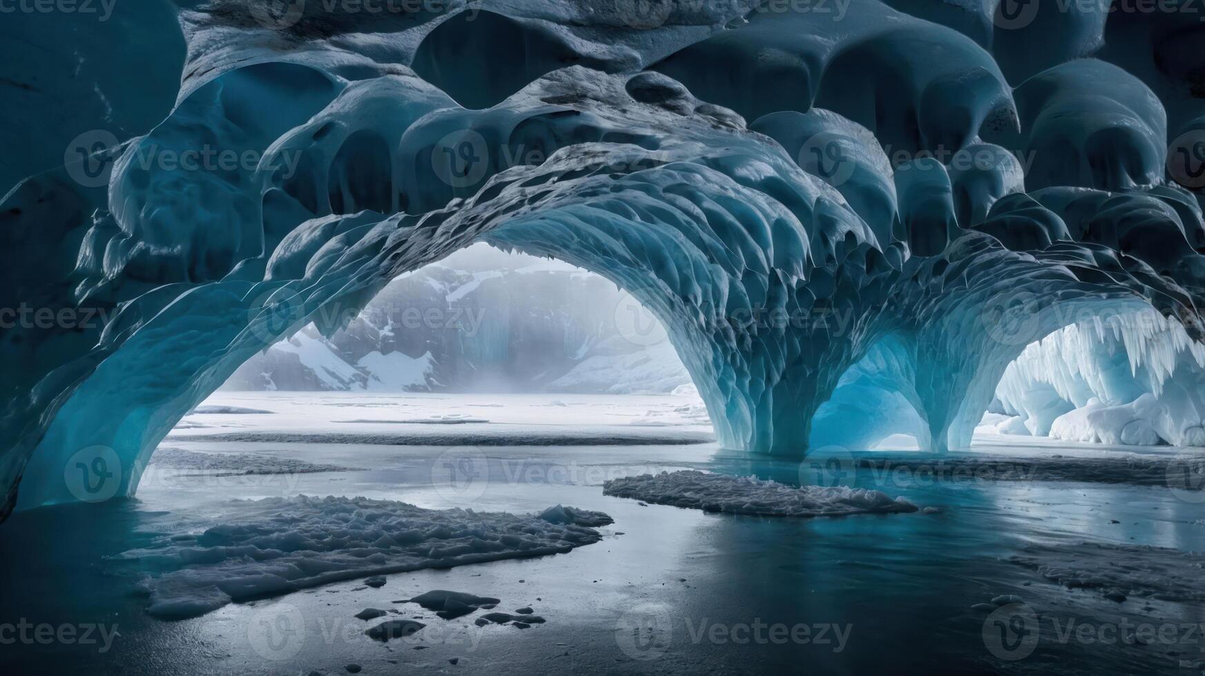 A stunning ice cave with blue hues and intricate formations reflecting light. photo