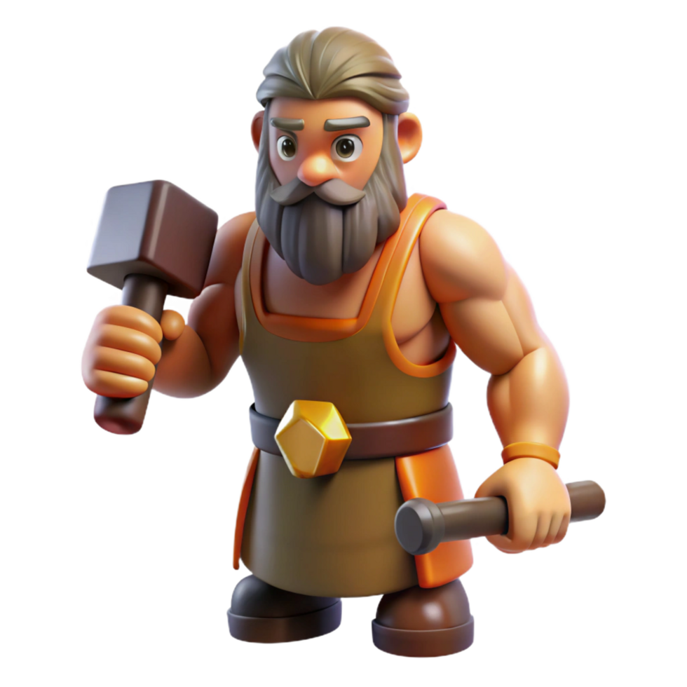 exquisite dreamy tropical Hephaestus, God of the Forge, holding hammer, NO BACKGROUND with Transparent Background. detailed png