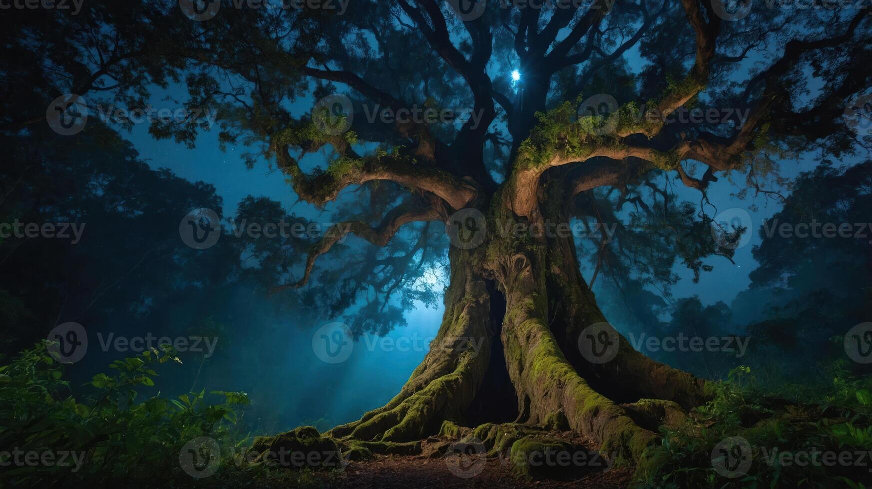 A majestic tree illuminated by moonlight in a misty forest, creating a mystical atmosphere. photo
