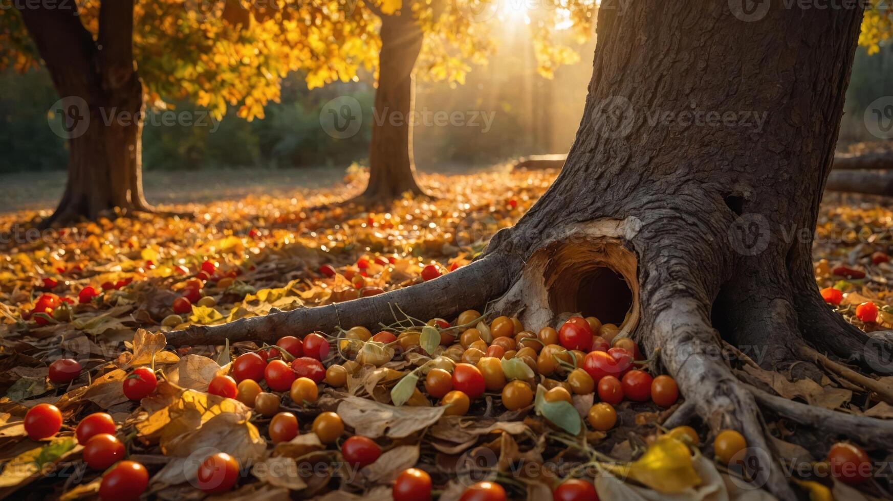 A serene forest scene with colorful fruits scattered on the ground beneath autumn trees. photo