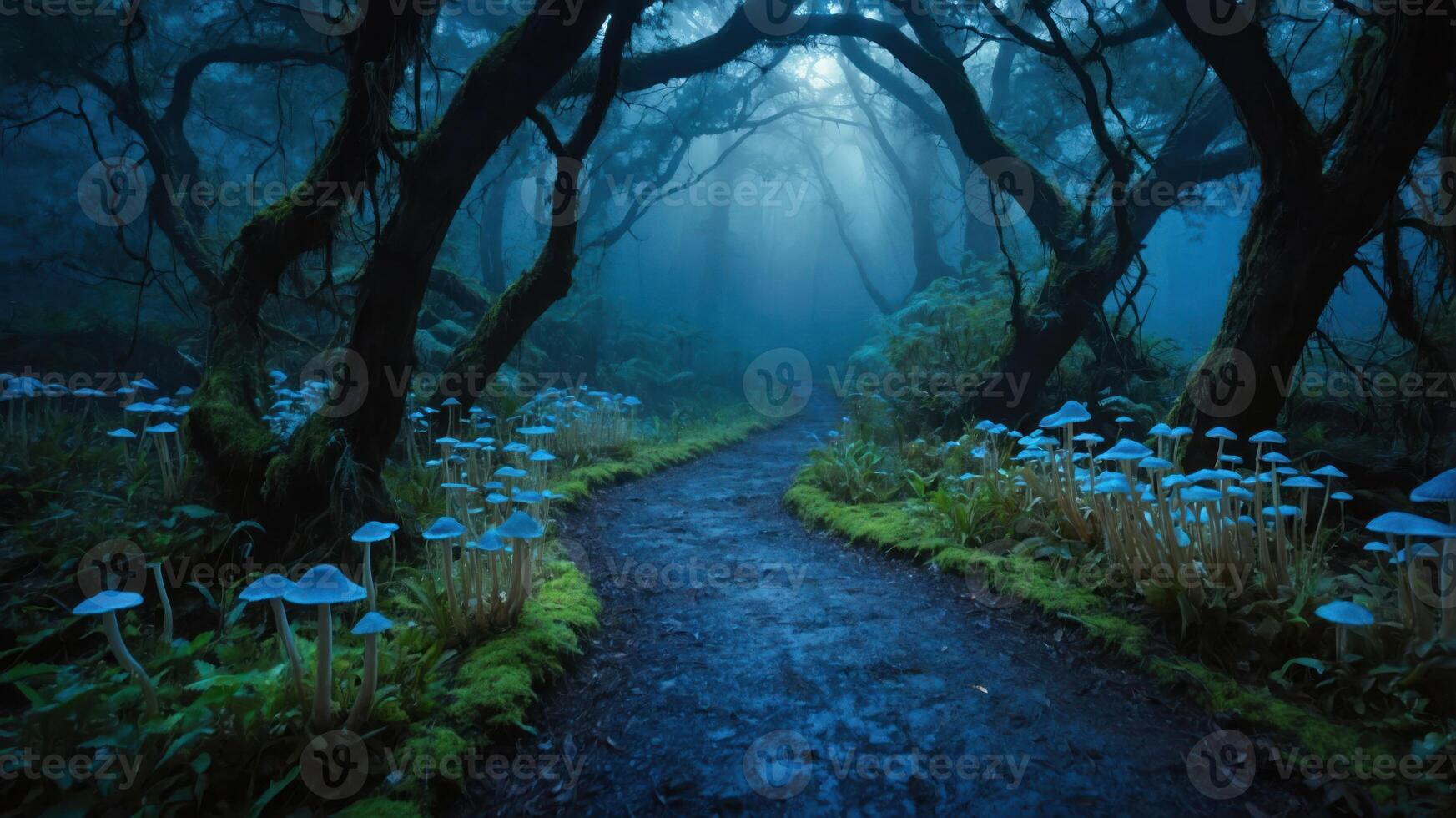 A mystical forest path illuminated by soft light, surrounded by blue mushrooms and lush greenery. photo