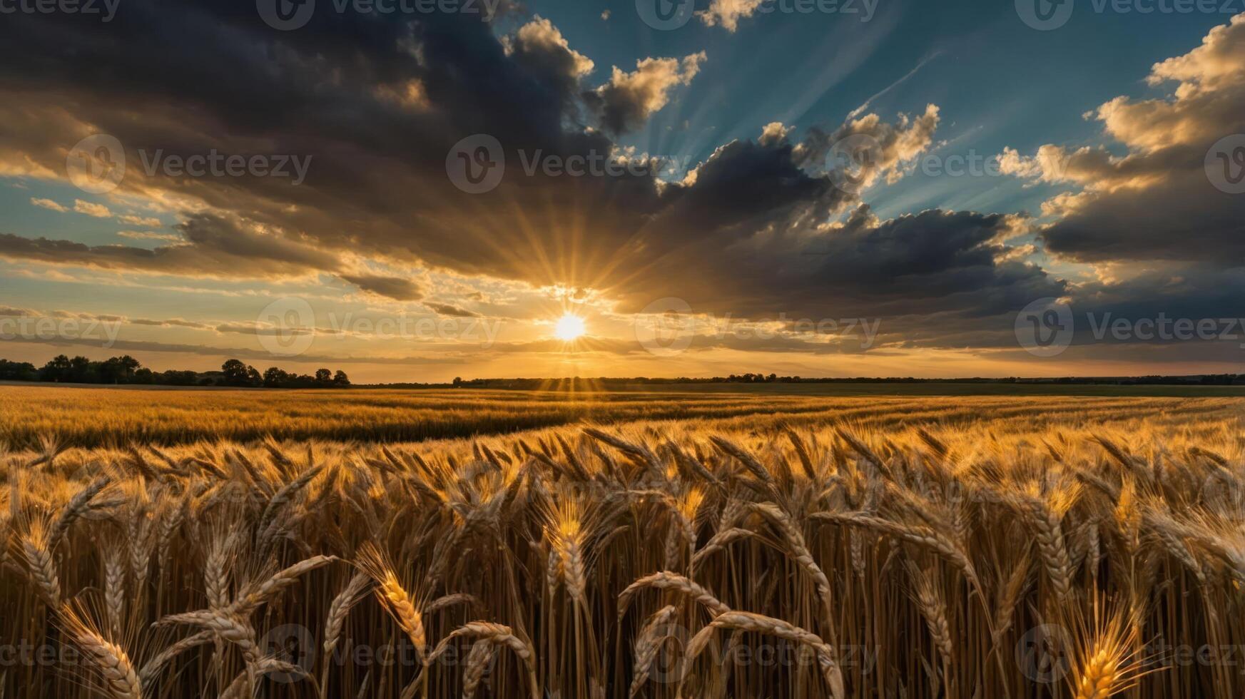 A golden wheat field under a dramatic sunset with rays piercing through clouds. photo