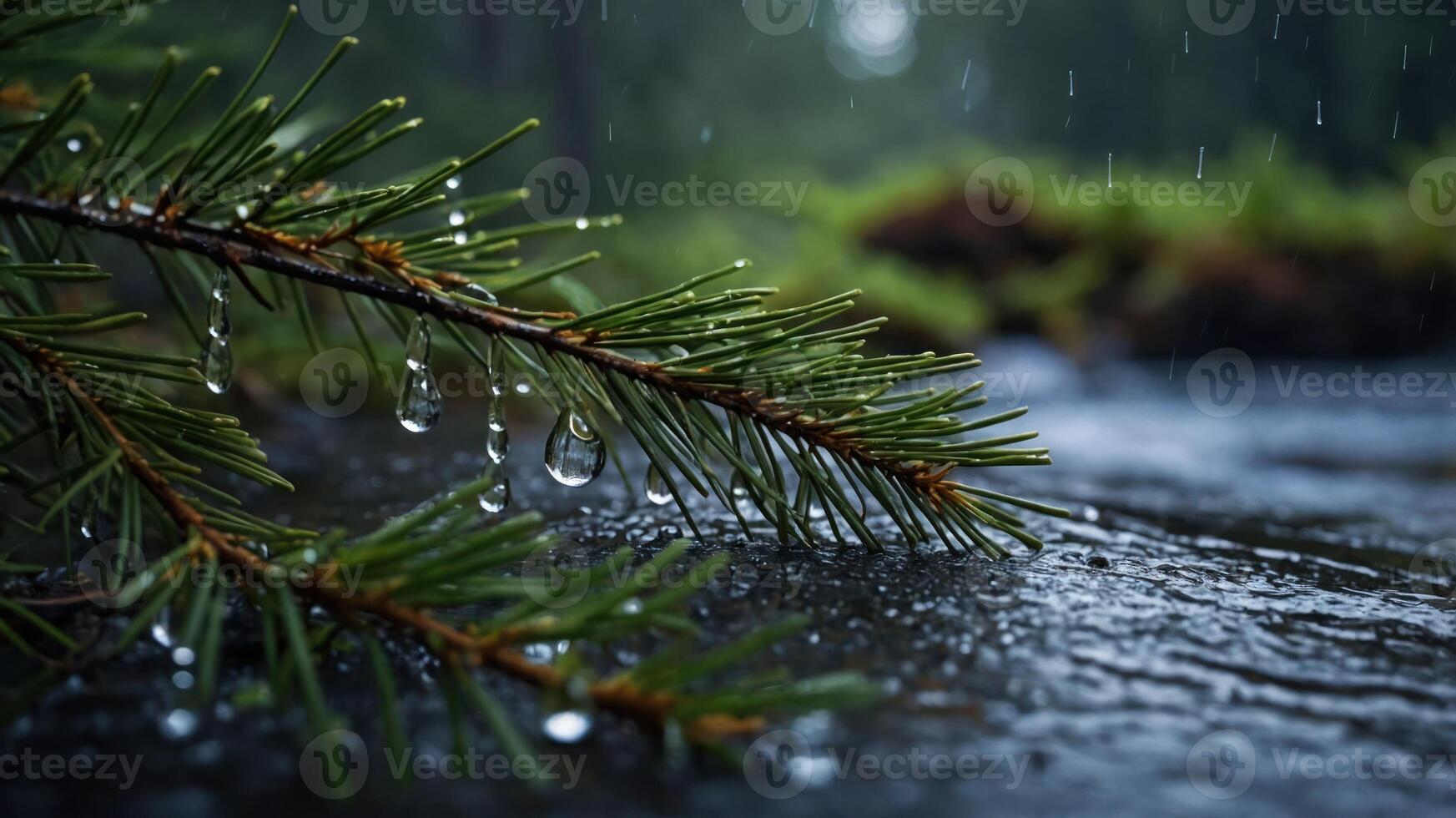 A close-up of a pine branch with raindrops, set against a blurred forest background. photo