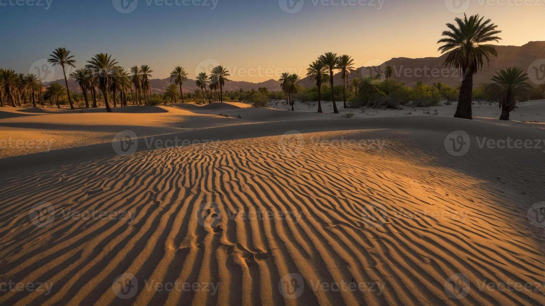 Serene desert landscape with rippled sand dunes and palm trees at sunset. photo