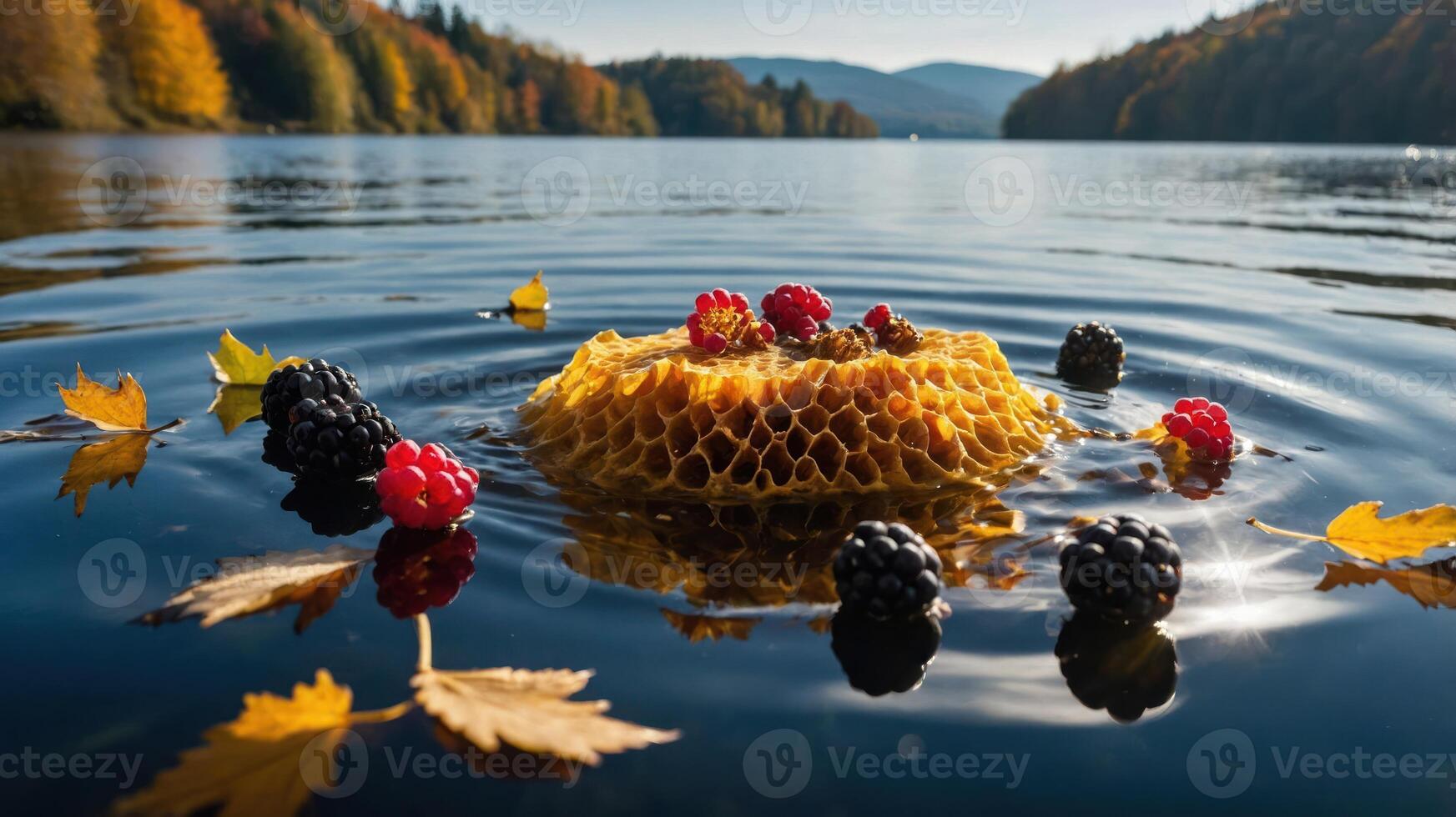 A honeycomb surrounded by berries and autumn leaves, floating on a serene lake. photo