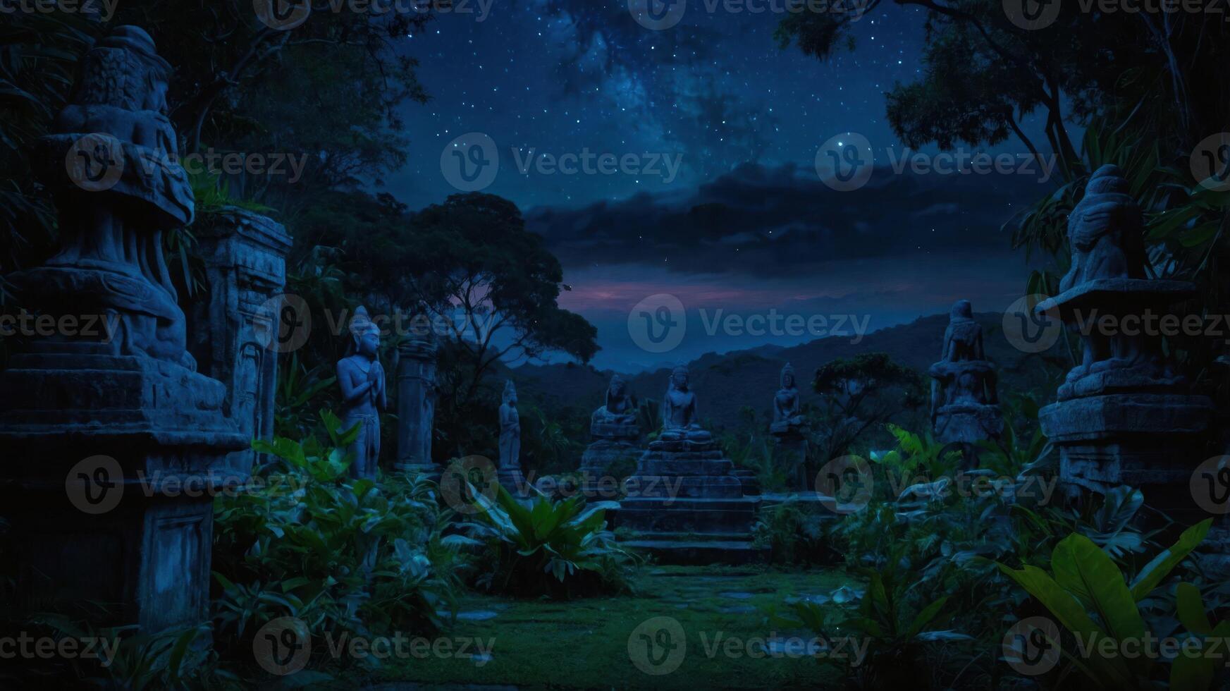 A serene night scene featuring ancient stone sculptures surrounded by lush greenery under the stars. photo