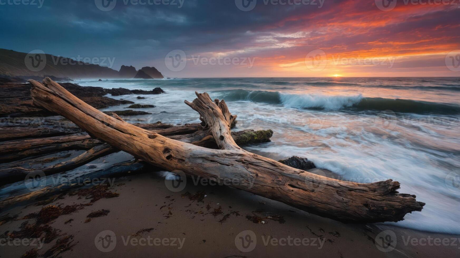 A serene beach scene at sunset with driftwood and gentle waves. photo