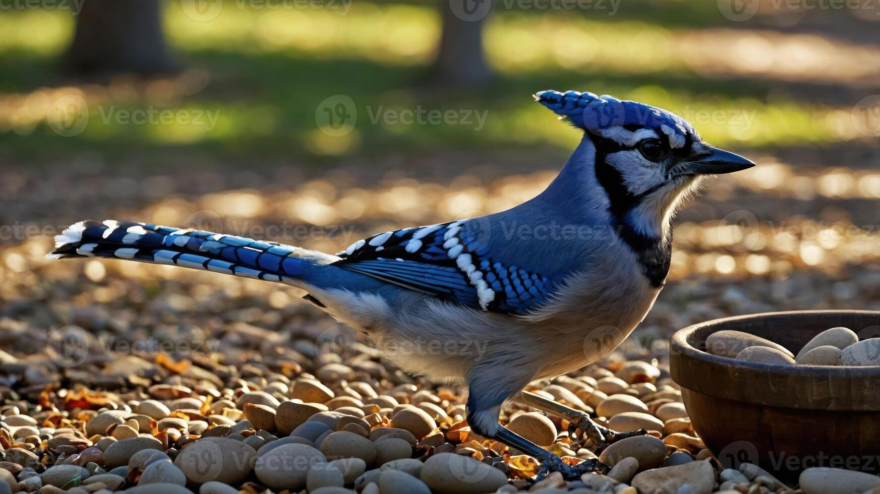 A blue jay stands near a bowl of eggs on a bed of pebbles in a serene outdoor setting. photo