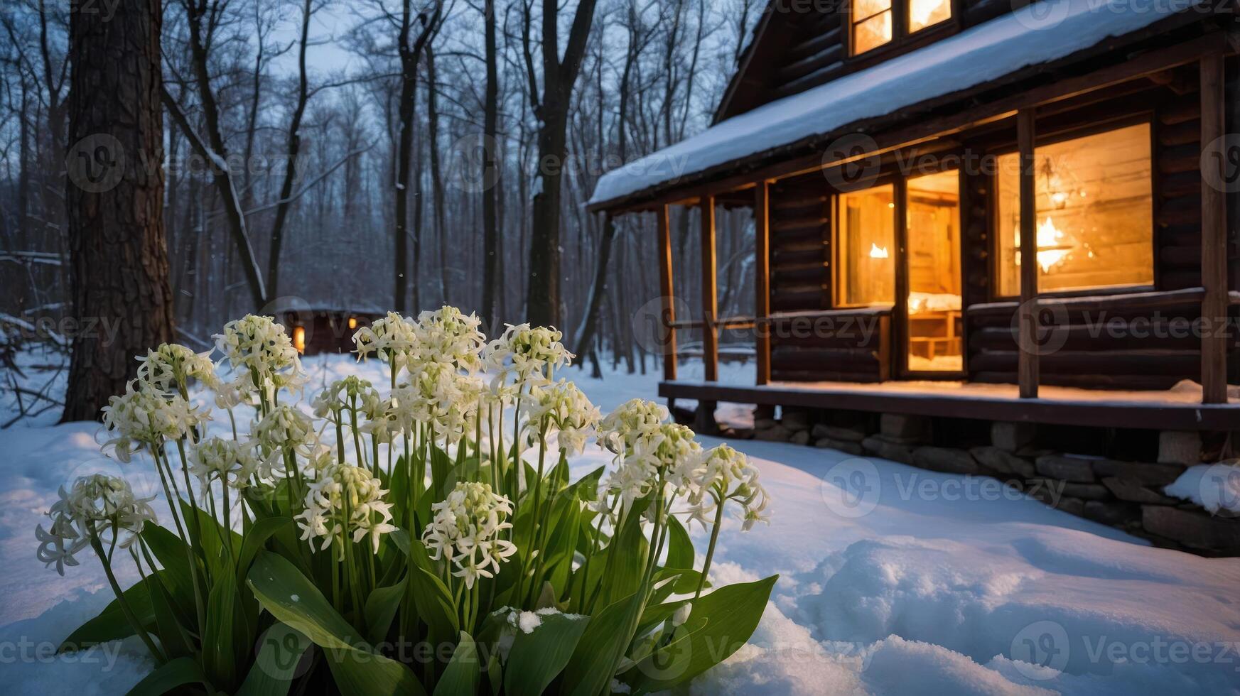 A cozy cabin in a snowy forest, illuminated warmly, with flowers in the foreground. photo