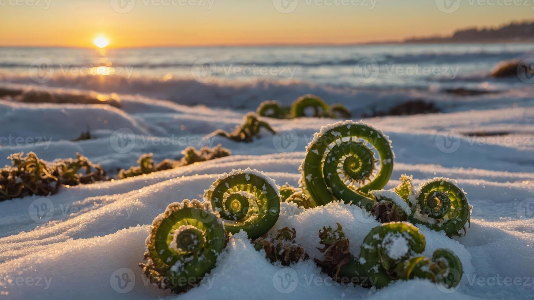 A serene beach scene with ferns emerging from snow as the sun sets over the ocean. photo