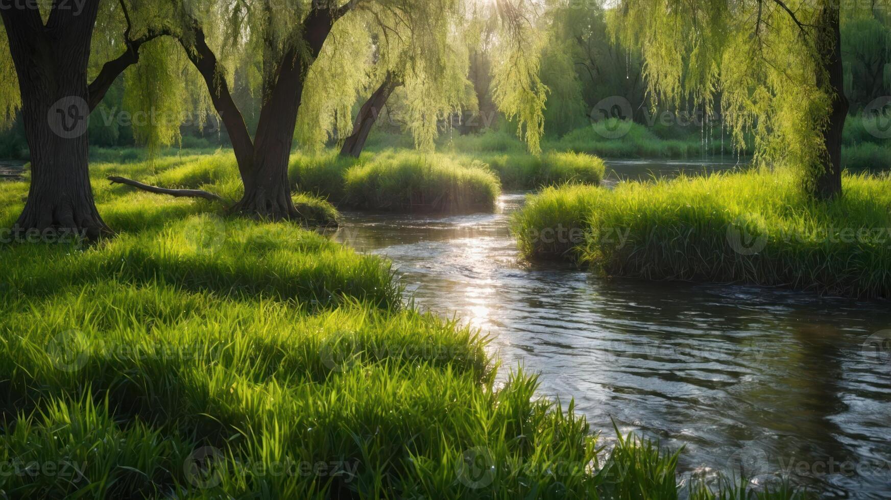 A serene riverside scene with lush greenery and willow trees reflecting in the water. photo