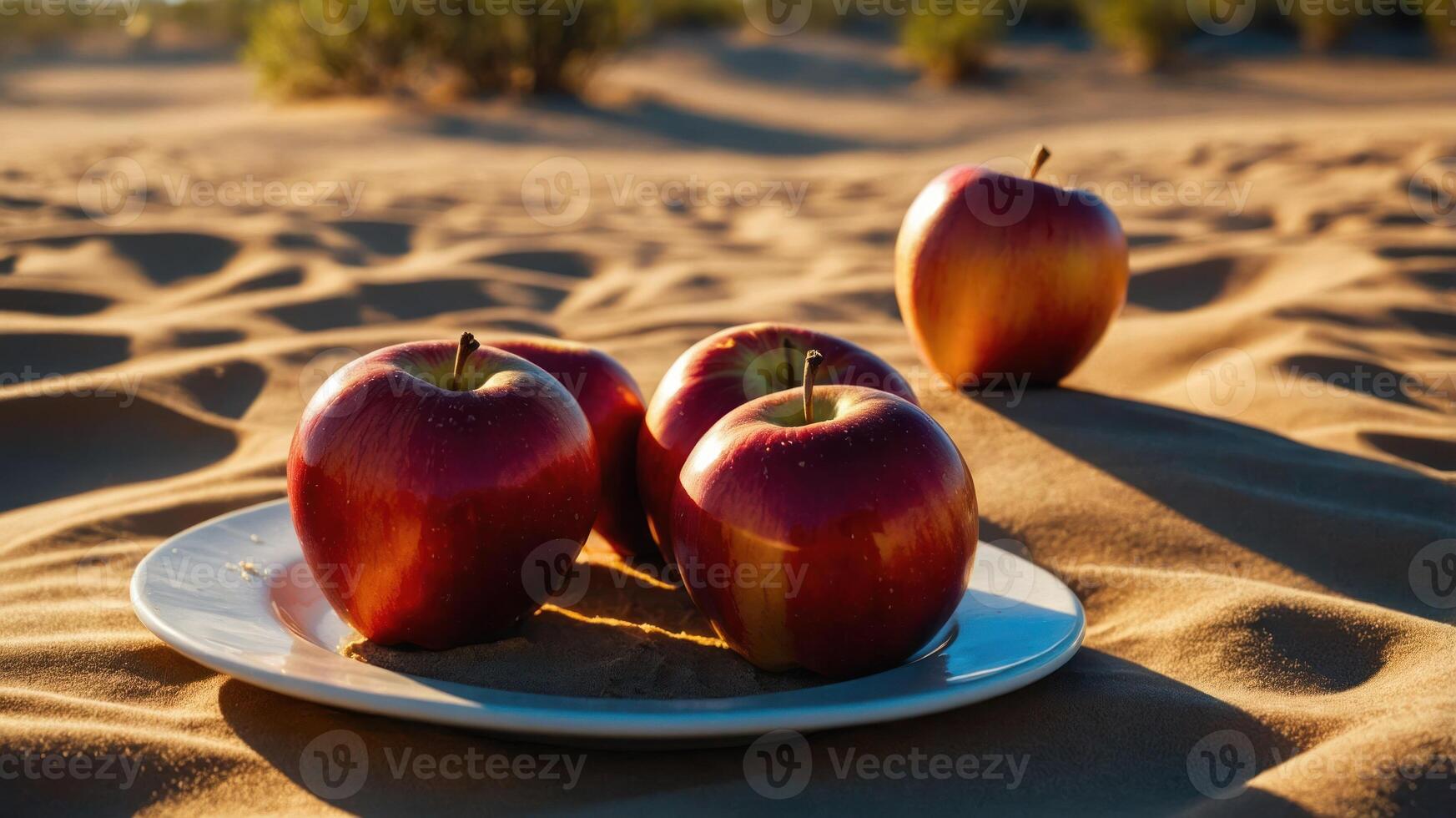 A plate of apples resting on sandy terrain in a desert-like environment. photo