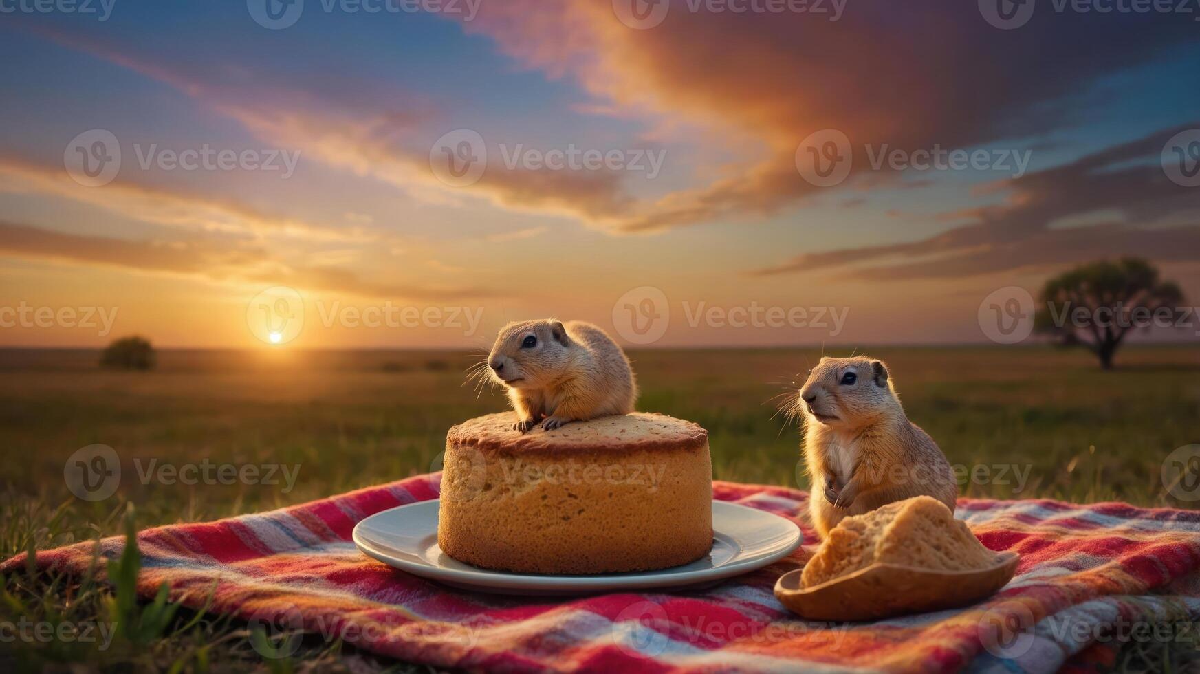 Two prairie dogs sit atop a cake during a sunset in a grassy landscape. photo