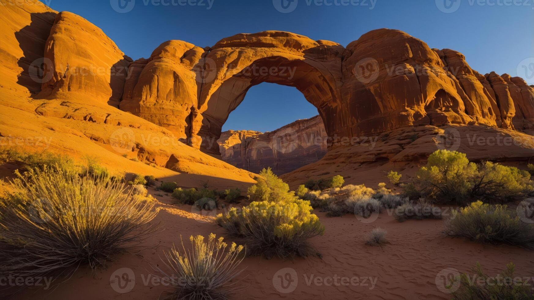 A stunning natural arch in a desert landscape, showcasing vibrant red rock formations. photo