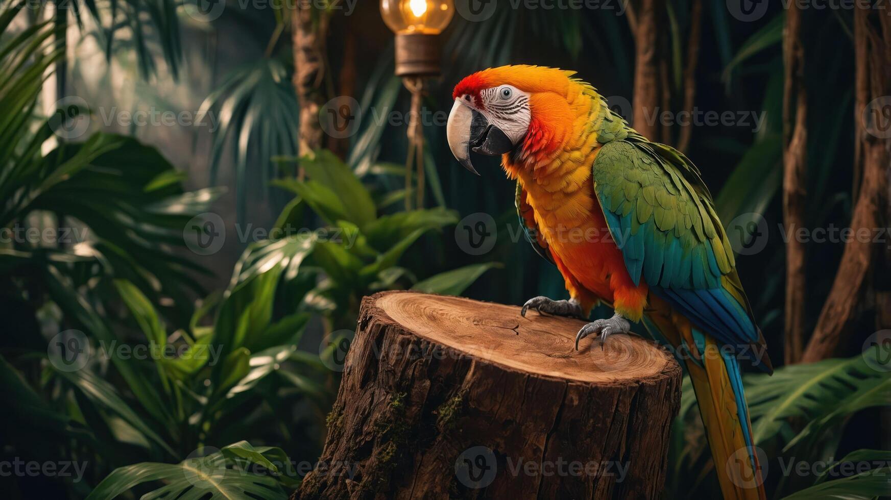 A vibrant parrot perched on a log amidst lush greenery and soft lighting. photo