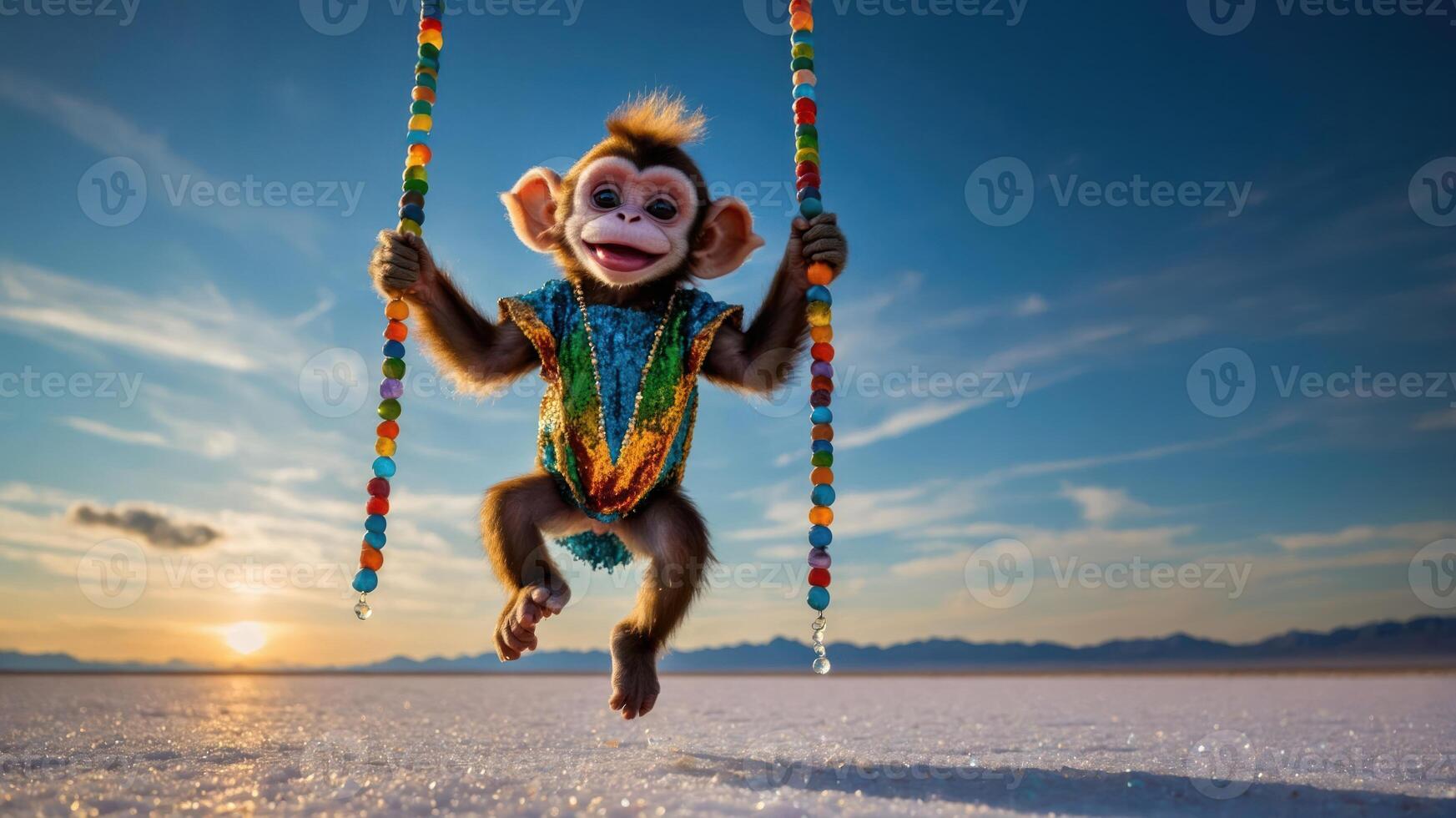 A playful monkey swings on colorful ropes against a stunning sunset backdrop. photo