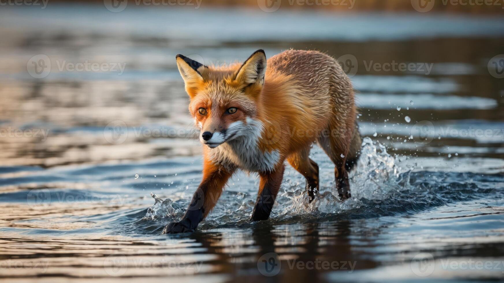 A fox wading through water, creating splashes in a natural setting. photo