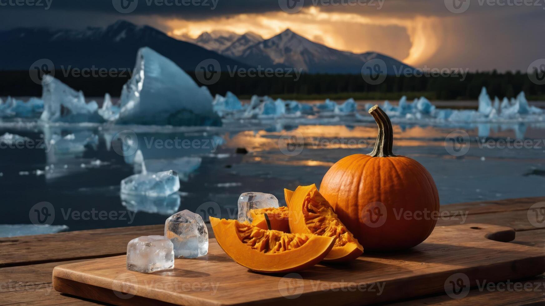 A pumpkin on a wooden board with ice and mountains in the background during sunset. photo