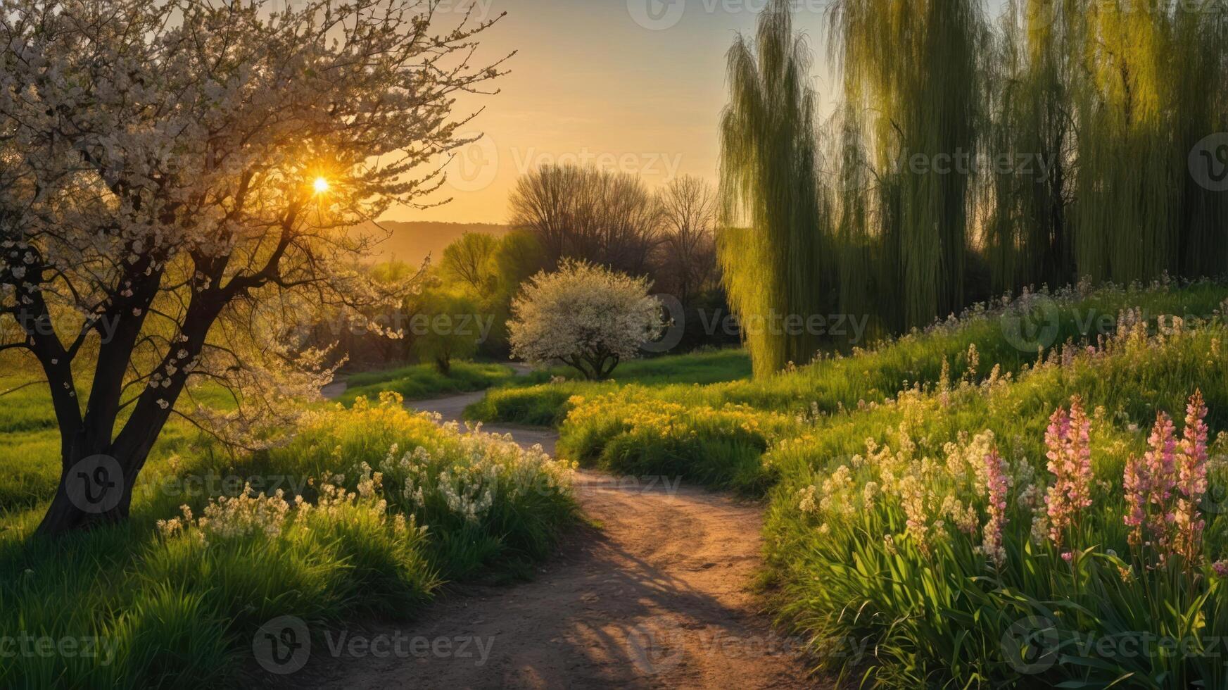 A serene landscape at sunset with blooming flowers and trees along a winding path. photo