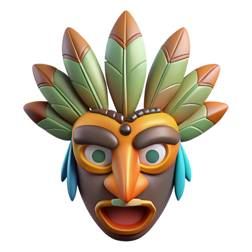 harmonious majestic A stylized, tribal mask with feathers, NO BACKGROUND with Transparent Background. museum quality png